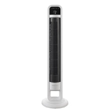 White tower fan front view with mesh grille and dark top control panel