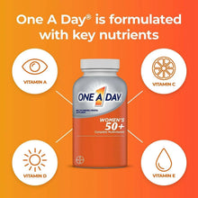 One A Day Women’s 50+ multivitamin bottle centered with key nutrient icons