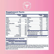 Prenatal multivitamin Supplement Facts label for softgel and choline tablets