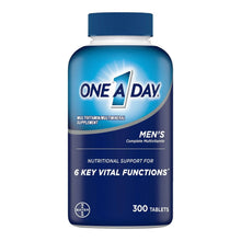 Men's multivitamin supplement bottle with blue cap and 300 tablets