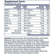 Supplement Facts panel for women’s multivitamin, one tablet serving size
