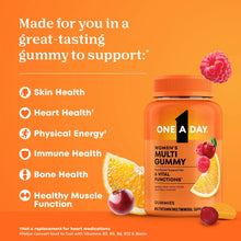 Women's multivitamin gummy bottle with health icons and lemon and berry accents