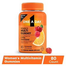 Women's multivitamin gummy bottle with orange cap and fruit flavor gummies