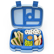 Blue kids lunch box opened with four compartments and built-in divider