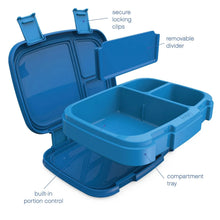 Blue lunch box tray with locking clips, removable divider, and compartment tray