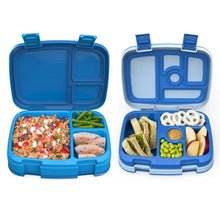 Two blue Bentgo kids lunch boxes open: one meal tray, one snack tray