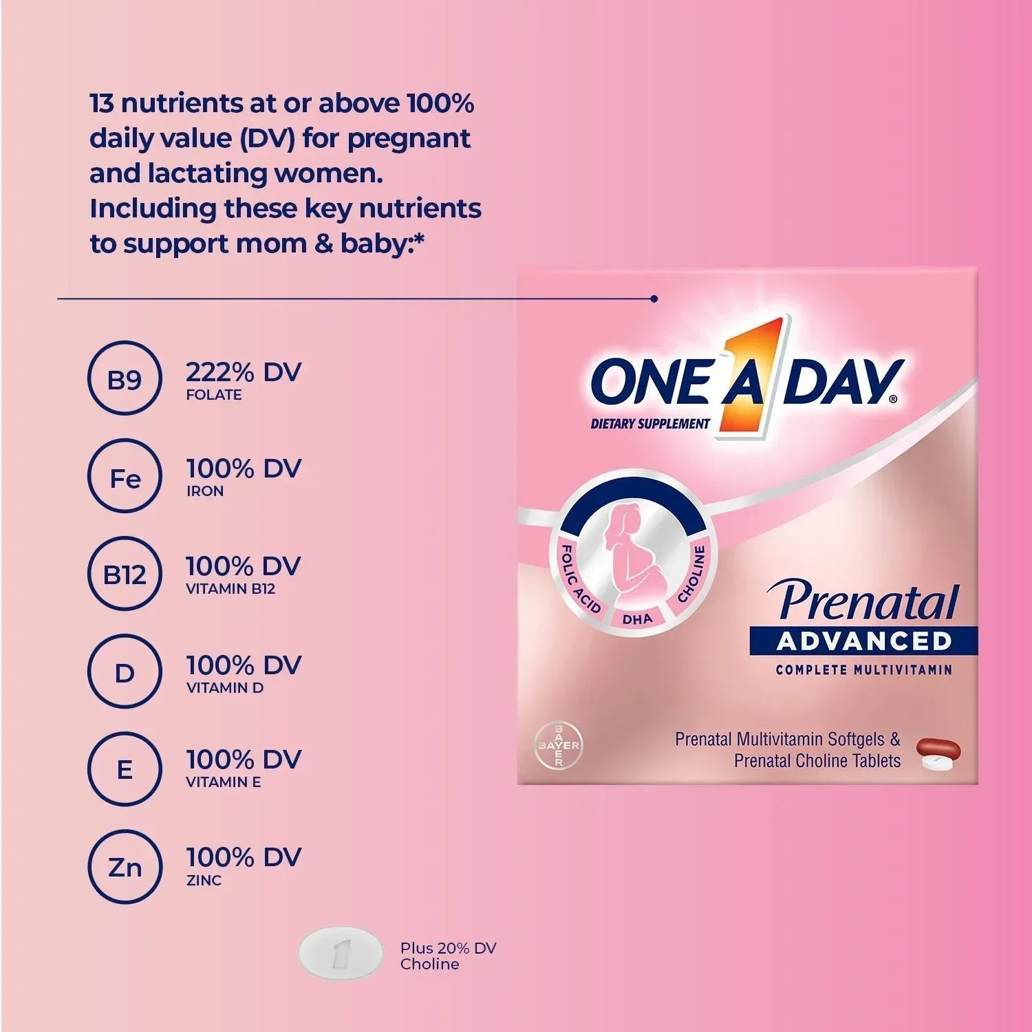 One A Day Women's Prenatal Advanced Mulitvitamins Softgels & Prenatal Choline Tablets 2 pk., 90 ct.
