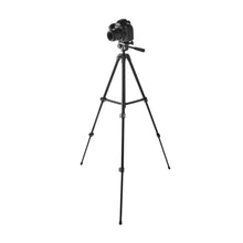 Black compact camera tripod with adjustable height and top phone/camera mount