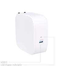 White USB-C laptop charger with 100W label and LED power indicator