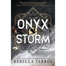 Hardcover fantasy novel, 'Onyx Storm' title on dark cover by Rebecca Yarros