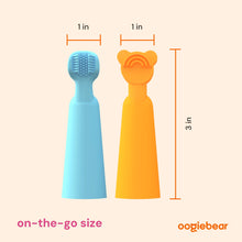 Silicone finger brush and tongue scraper, light blue and orange, 3 in height