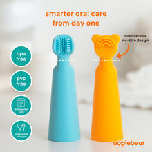 Two-piece silicone baby finger toothbrush and tongue scraper, light blue and orange