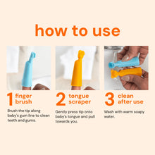 How-to use set: light blue finger brush and orange tongue scraper