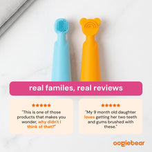 Light blue and orange silicone baby finger brush and tongue scraper for real families