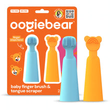 Baby finger toothbrush and tongue scraper kit with light blue and orange silicone heads