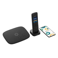 Wireless home phone set: black base, cordless handset, and activation card