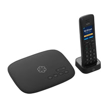 Wireless home phone base station, black with flower logo and control buttons