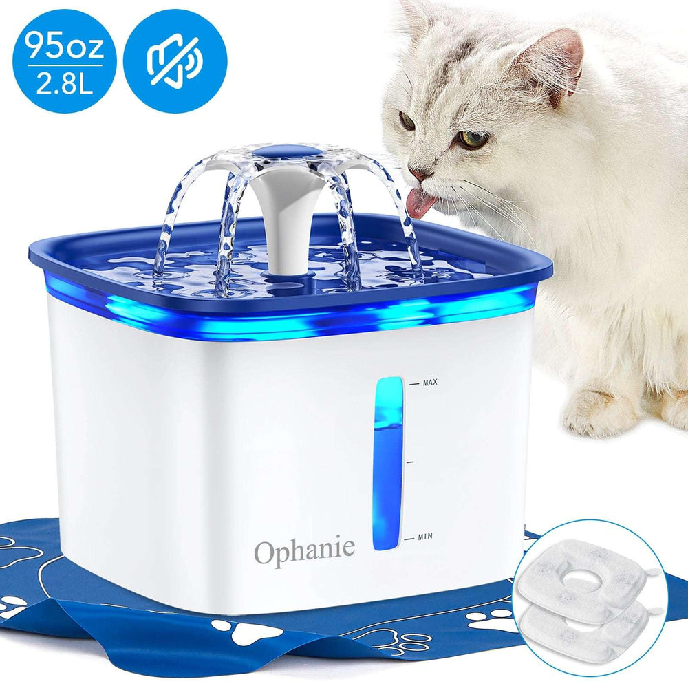 Ophanie 95oz/2.8L Pet Fountain with Anti-slip Mat & Replacement Filters, Automatic Cat Water Fountain Dog Water Dispenser, White & Blue - USA MEGA SHOP