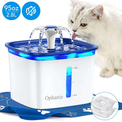 Ophanie 95oz/2.8L Pet Fountain with Anti-slip Mat & Replacement Filters, Automatic Cat Water Fountain Dog Water Dispenser, White & Blue - USA MEGA SHOP