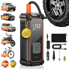 Cordless portable tire inflator with digital screen, orange nozzle, and coiled hose