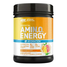Essential Amino Energy tub, black lid with orange front label and citrus slice