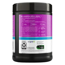 Grape essential amino energy supplement tub with back label and purple information panel