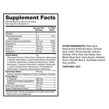 Supplement Facts panel for grape amino energy powder with ingredients and nutrient table