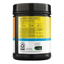 Essential Amino Energy tub, black lid with yellow back label and supplement icons