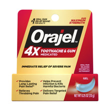 Orajel 4X medicated oral pain gel package, sealed box with red and yellow design