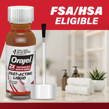 Orajel oral pain liquid bottle with dropper and tube, “FAST-ACTING LIQUID” label