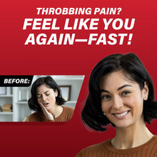 Split layout with smiling woman and text overlay “Throbbing pain? Feel like you again—fast!”