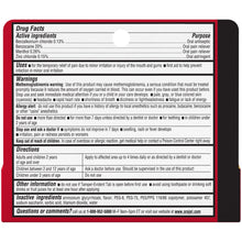 Orajel oral pain gel Drug Facts label card with active ingredients and directions