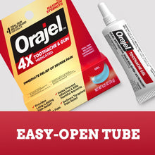 Orajel 4X medicated oral pain gel box with tube, easy-open tube graphic