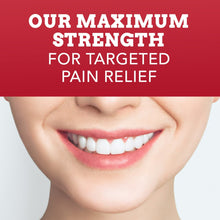 Red marketing panel with white text “OUR MAXIMUM STRENGTH FOR TARGETED PAIN RELIEF”
