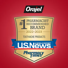 Orajel brand award badge showing #1 Pharmacist Recommended, Pharmacy Times