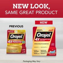 Orajel 4X medicated oral pain gel packaging comparison, showing previous vs new look