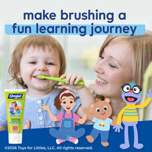 Child brushing with green training toothbrush while holding Orajel Naturals tube