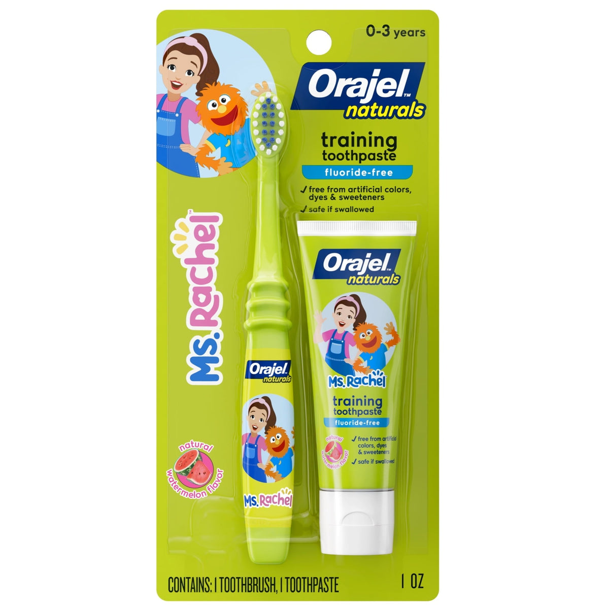 Orajel Naturals Ms. Rachel Training Toothpaste and Toothbrush, Natural Watermelon, 1 oz