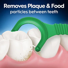 Floss picks graphic showing plaque and food particles between teeth