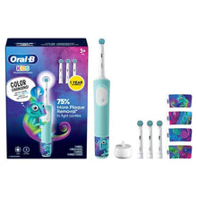 Kids' rechargeable electric toothbrush kit in box, light blue with character art and 4 brush heads