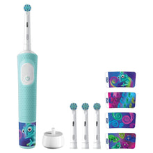 Kids' rechargeable electric toothbrush, light blue with character graphics and charging base