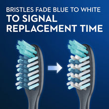 Soft manual toothbrush with blue-to-white bristles indicating replacement timing.