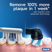 Rechargeable toothbrush bristle heads shown in a plaque-removal cleaning comparison