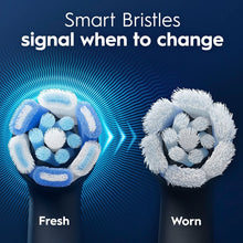 Smart bristles brush head showing fresh vs worn blue-and-white bristle tips
