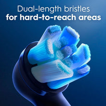 Toothbrush brush head with dual-length blue bristles for hard-to-reach areas