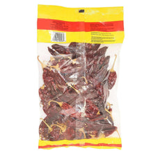 Guajillo chili pods bag with yellow and red top, dark red dried pods in clear plastic