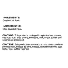 Ingredients and contains statement on guajillo chili pods package label