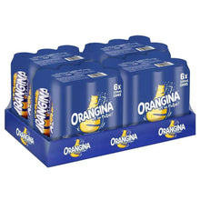 Orangina sparkling orange beverage 6-pack cans in blue carrier, with pulp