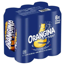 Orangina sparkling orange beverage 6-pack cans, with pulp, blue can design