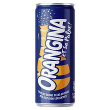 Orangina sparkling orange beverage can, blue with orange flavor and pulp